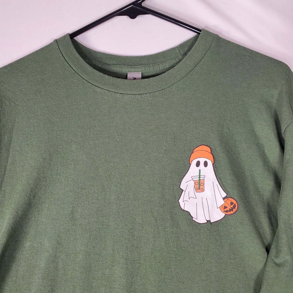 Gildan Halloween Ghost Iced Coffee Long Sleeve Shirt Green Medium